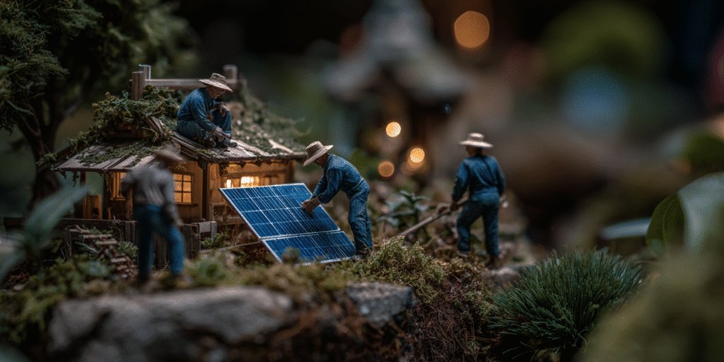 Installation miniature de panneaux solaires par des ouvriers en Bretagne