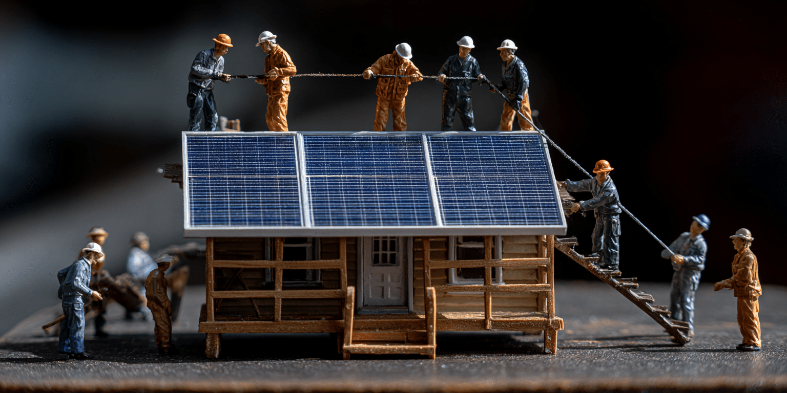 Maquette de maison avec toiture solaire installée par des ouvriers en Bretagne